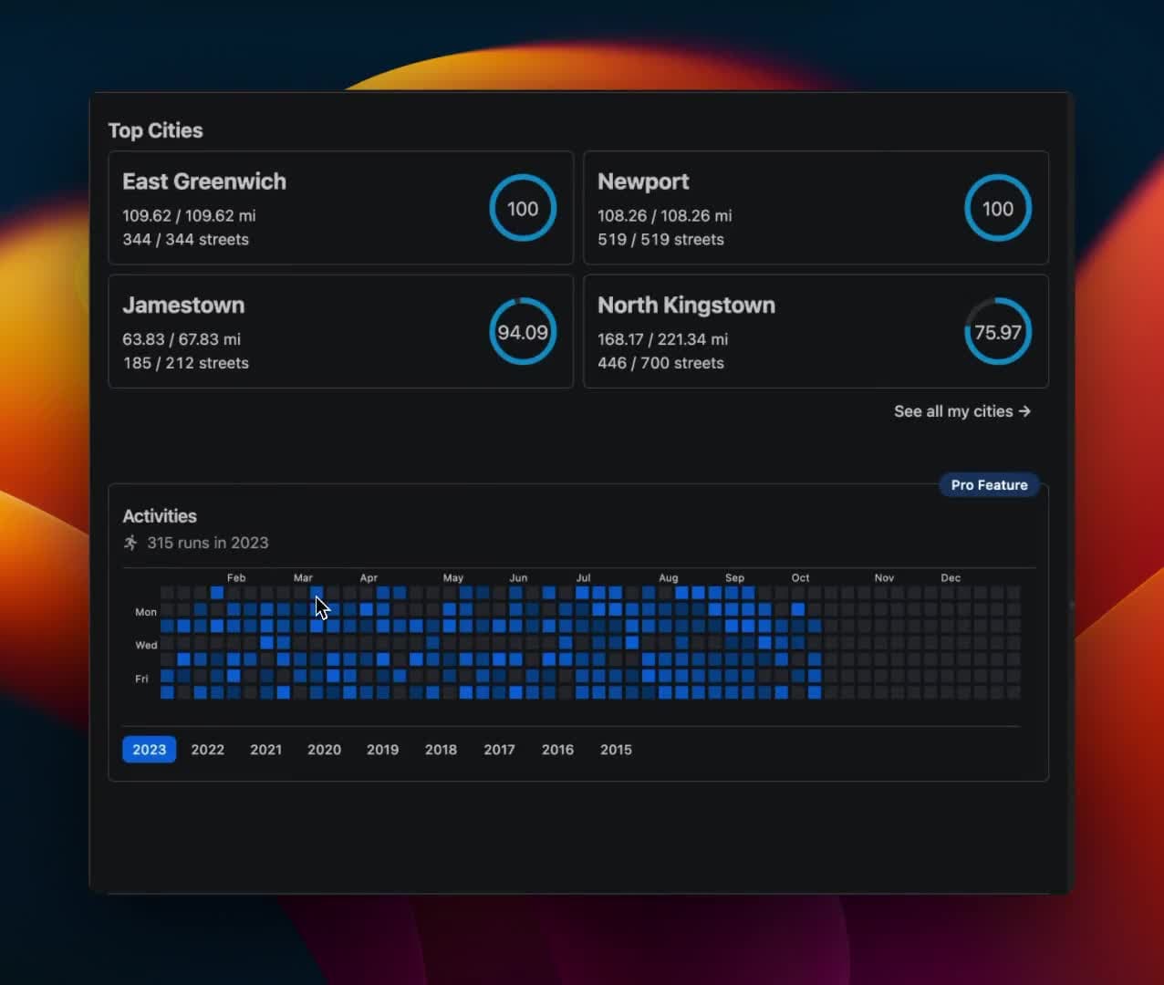 StreetFerret activity calendar with dates, mileage, and activity details.